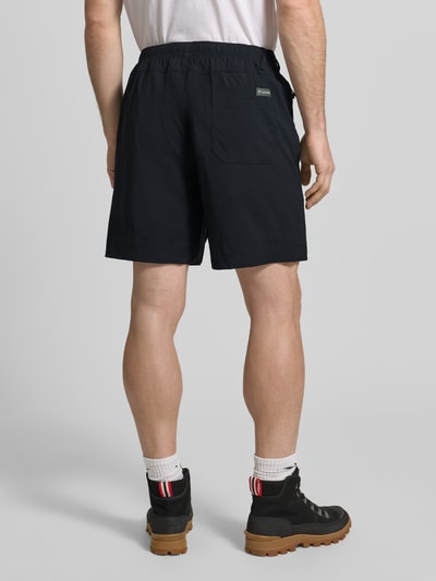 Männermodel trägt Regular Fit Shorts mit Logo-Patch Modell 'Landroamer' von COLUMBIA aus Elastischer-Material-Mix, AufgesetzteTaschen, Elastischer Bund, Knopf-Reißverschluss, Farbe Dunkel, Struktur glatt, Ganzkörperansicht Rückansicht.