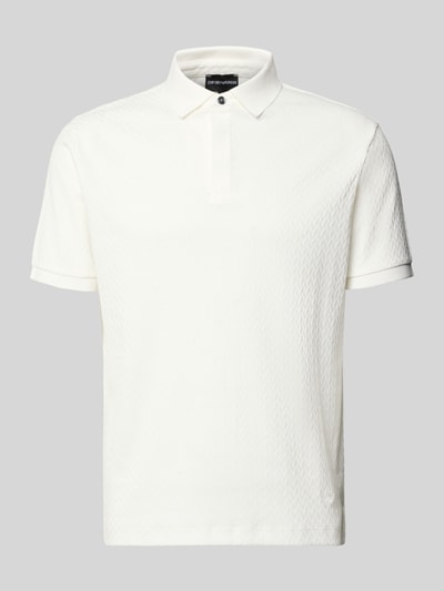 Produktfoto, Slim Fit Poloshirt mit Strukturmuster von Emporio Armani aus Reine Baumwolle, verdeckte Knopfleiste, Rückenlänge 64 cm Größe M, weiße Farbe, feine Struktur
