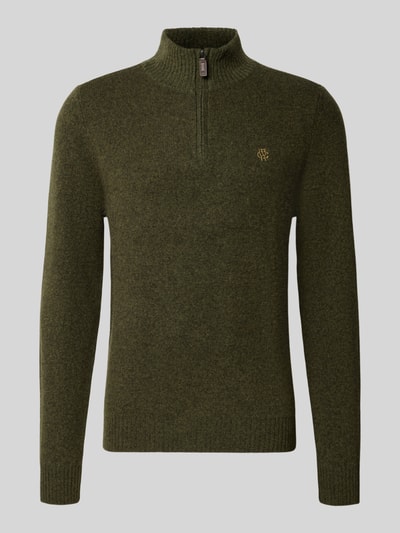 Produktfoto, Regular Fit Strickpullover aus reiner Wolle van MCNEAL in donkergroen met geborduurd logo, Schipperskraag, Lange mouw, geribde boordjes, ruglengte maat M 65 cm, mouwlengte maat M 50 cm