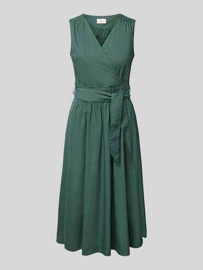 Produktfoto, grünes A-Linien Midikleid mit V-Ausschnitt und Bindegürtel aus Baumwoll-Mix, ROBE LÉGÈRE, fließende Textur