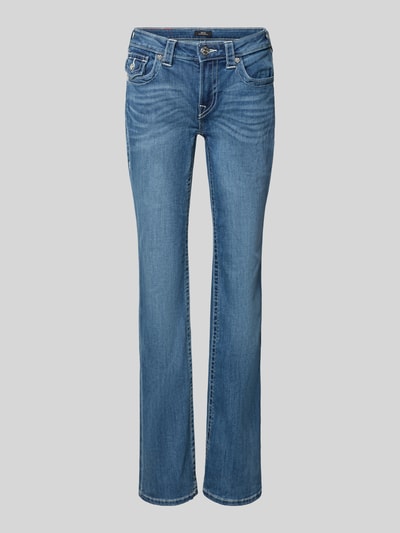 Produktfoto, blaue Bootcut-Jeans aus Baumwoll-Mix Modell 'BECCA' von TRUE RELIGION, Damen Bootcut-Jeans, leichter Used-Look, glatte Textur