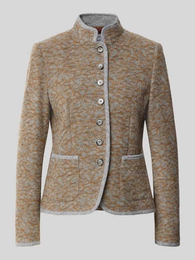 Produktfoto, Blazer aus Baumwoll-Mix mit Stehkragen von White Label in Beige und Grau, taillierte Passform, aufgesetzte Taschen, durchgängige Knopfleiste, Strukturmuster, Kontext: Damen Blazer, Baumwoll-Mix, Rückenlänge 56 cm, Brustweite 46 cm, Ärmellänge 62 cm