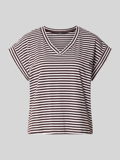 Produktfoto, damski t-shirt z mieszanki bawełny od zero, krój regular fit, dekolt w serek, wzór w blokowe pasy, długość tyłu w rozmiarze 36: 56 cm