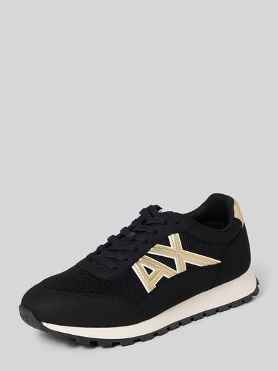 Productfoto, Sneaker met label-detail model 'DROP' van ARMANI EXCHANGE, zwarte mesh en goudkleurige details, afgeronde neus, vetersluiting, rubberen zool, hakhoogte 2 cm, schachthoogte 9 cm, schachtwijdte 9 cm