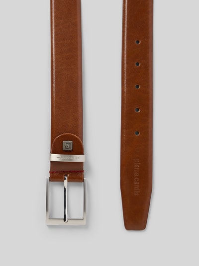 Produktfoto, Ledergürtel mit Dornschließe von Pierre Cardin aus Echtleder in Unifarbenes-Design, breite Form 3,5 cm, Label-Detail, braune Farbe