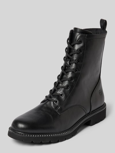 Produktfoto, zwarte leren Schnürstiefel met ritssluiting van Tamaris, grove zool, glad oppervlak, context: Dames Schnürstiefel van Tamaris