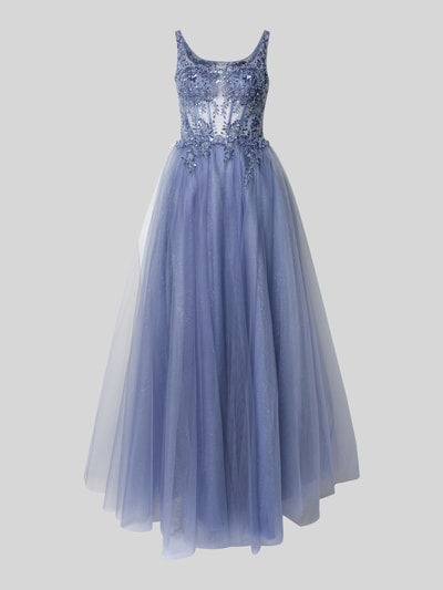unique Abendkleid aus Tüll mit Stitchings und Pailletten Bleu 2