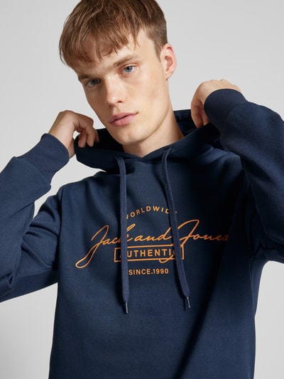 Jack & Jones Hoodie met labelprint, model 'FERRIS' Marineblauw - 3