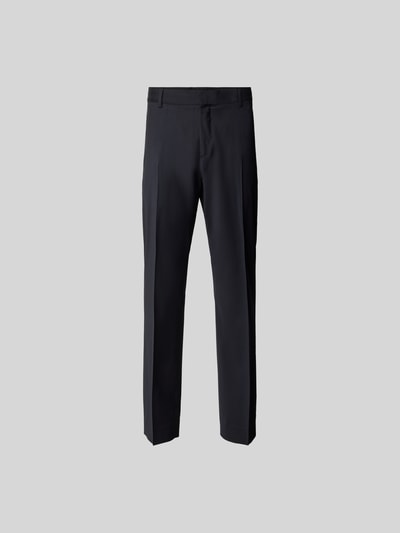 Produktfoto, Slim Fit Anzughose aus Woll-Mix von Filippa K, dunkelblau mit Bundfalten, Haken- und Reißverschluss, Eingriff- und Gesäßtaschen, Bundweite 37 cm, Innenbeinlänge 80 cm, glatte Stoffstruktur