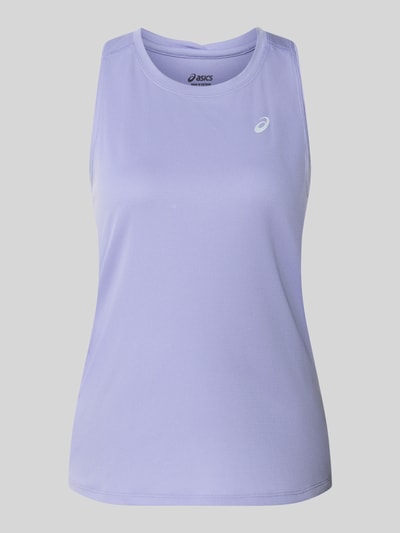 Produktfoto, liliowy top z okrągłym dekoltem, nadruk z logo marki, krój regular fit, Model 'CORE' od ASICS TIGER, Długość tyłu w rozmiarze S: 62 cm