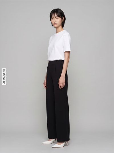 Frauenmodel trägt Hose mit weitem Bein Modell 'KATE' von ICHI in Unifarbe, Material-Mix mit Viskose, elastischer Bund, Ganzkörperansicht von vorne, KI-modifiziertes Bild.