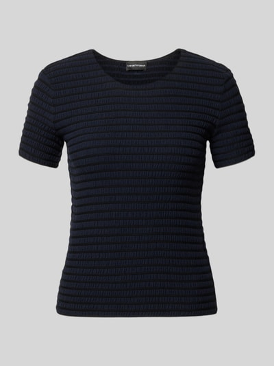 Produktfoto, T-Shirt aus Viskose-Mix mit Rundhalsausschnitt von Emporio Armani, dunkelblauer Allover-Look, Strukturmuster, Slim-Fit, Rückenlänge 50 cm bei Größe S, Damen T-Shirt