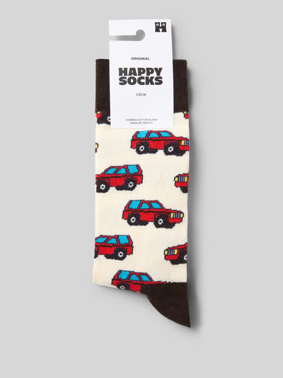 Produktfoto, Socken mit Label-Print von Happy Socks im Baumwoll-Mix mit Stretch-Anteil, körpernaher Schnitt, bunter Auto-Print, gerippter Abschluss