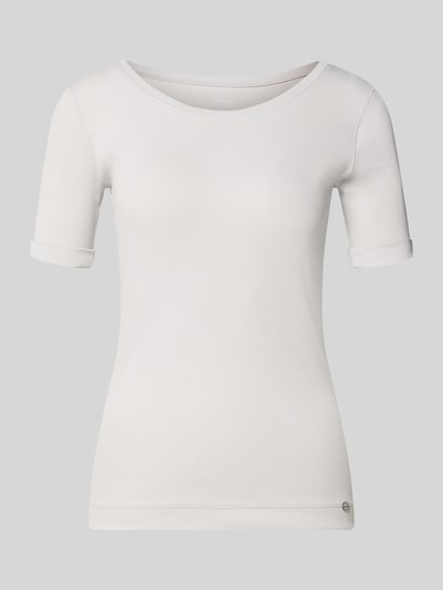 Produktfoto, T-Shirt mit Rundhalsausschnitt und Label-Detail von Marc Cain, Damen T-Shirt aus Baumwoll-Elasthan-Mix, Slim-Fit, Farbe Weiß