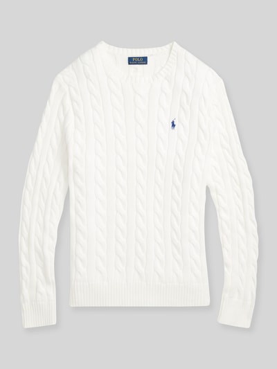 Produktfoto, Regular Fit Strickpullover aus reiner Baumwolle von Polo Ralph Lauren in Weiß, Zopfmuster, Rundhals, Logo-Detail, Strickoptik