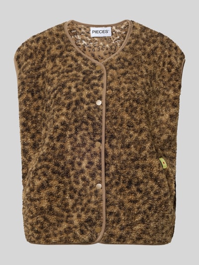 Produktfoto, Relaxed Fit Weste in Leopard-Optik Modell 'KATTY' van Pieces, melange teddy-fleece, drukknoopsluiting, zijzakken, label patch