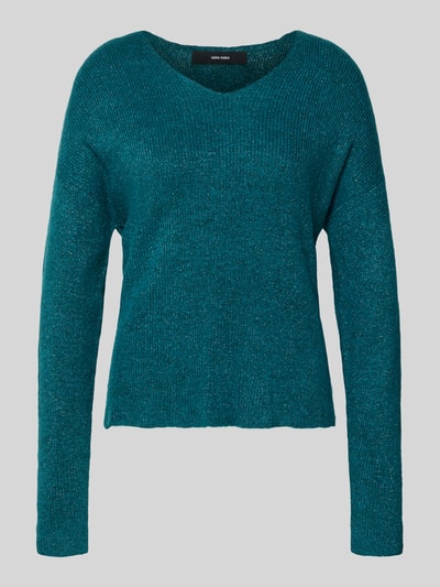 VERO MODA Regular Fit Strickpullover mit V-Ausschnitt Modell 'CREWLEFILEGLITTER' Petrol 2