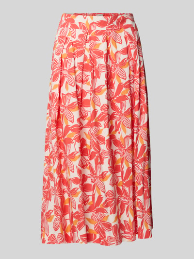 Produktfoto, ausgestellter Midi-Rock aus Baumwoll-Mix von ROBE LÉGÈRE mit rotem und orangefarbenem Blumenmuster auf weißem Grund.