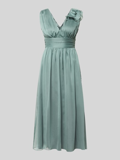 Produktfoto, Cocktailkleid mit V-Ausschnitt von Swing in Taillierter Passform, Midikleid, Raffungen, Taillenband, Volants, zart glänzender grüner Stoff, feine Struktur, Reißverschluss hinten, Rückenlänge 122 cm, Brustweite 40 cm bei Größe 36
