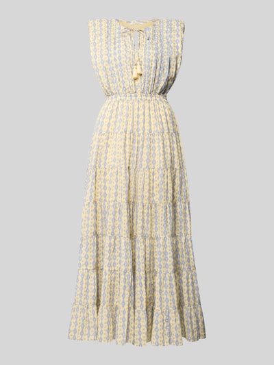 Produktfoto, Maxikleid mit Schlüsselloch-Ausschnitt und Bindung von Scotch & Soda aus Baumwoll-Mix, Taillierter Schnitt, Kappärmel, Volantsaum, mehrfarbig mit Muster, Rückenlänge 144 cm, Brustweite 41 cm.