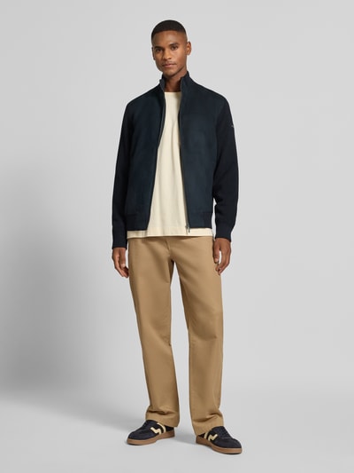 bugatti Gebreid jack met suède aan de voorkant en opstaande kraag Marineblauw - 1