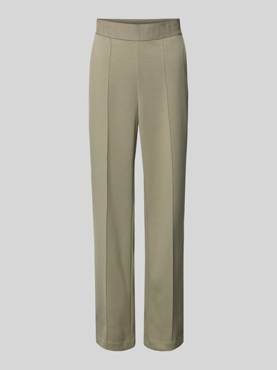 Produktfoto, Stoffhose mit elastischem Logo-Bund von monari in Beige, lockerer Schnitt, Material-Mix mit Viskose-Anteil, französische Eingrifftaschen, Gesäßtaschen, glatte strukturierte Oberfläche.