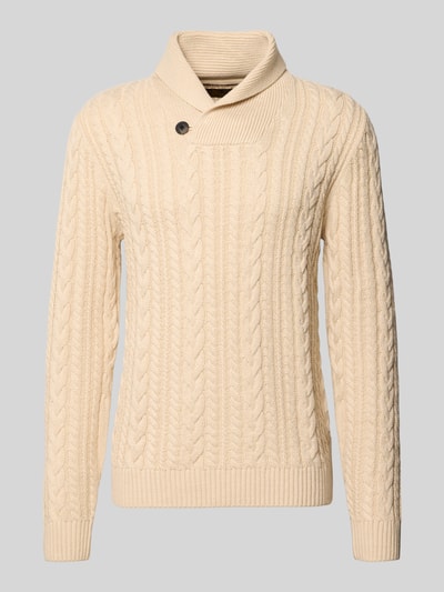 Produktfoto, Strickpullover mit Zopfmuster Modell 'CALLUM' von JACK & JONES, cremefarben, Schalkragen, Baumwoll-Mix, Slim Fit, strukturierte Oberfläche
