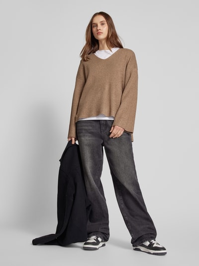 Only Relaxed fit gebreide pullover met viscose en hoge zijsplitten, model 'KATIA' Hazelnoot gemêleerd - 1