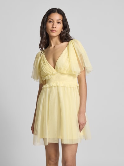 LACE & BEADS Cocktailkleid mit V-Ausschnitt und Taillenband Hellgelb 4
