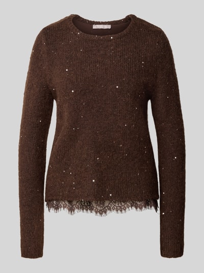 Productfoto, Regular Fit Pullover met Woll-Mohair-Anteil van Christian Berg Woman Selection in bruin, Materiaalmix, Tricotlook, met pailletten, Met lange mouwen, met kant, Ruglengte maat S 47 cm, Mouwlengte maat S 67 cm.