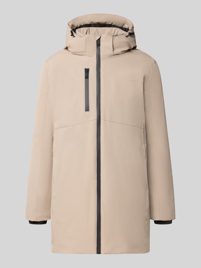 Produktfoto, Regular Fit Parka mit Logo-Print von Lindbergh, elastyczna mieszanka materiałów, kaptur z tunelem, napoleońska kieszeń, zamek błyskawiczny, długość tyłu w rozmiarze M 90 cm, szerokość ramion w rozmiarze M 50 cm, szerokość w rozmiarze M 58 cm, długość rękawów w rozmiarze M 65 cm, beżowy, matowa faktura, proste linie