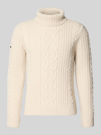 Produktfoto, Rollkragenpullover mit Zopfmuster von Superdry in Creme, Material-Mix mit Leinen-Anteil, Allover-Zopfmuster, Slim Fit, Vorderansicht