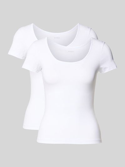 Produktfoto, T-Shirt mit Logo-Print von HUGO im 2er-Pack, weiß, leicht taillierter Schnitt, tiefer Rundhalsausschnitt, Baumwoll-Elasthan-Mix