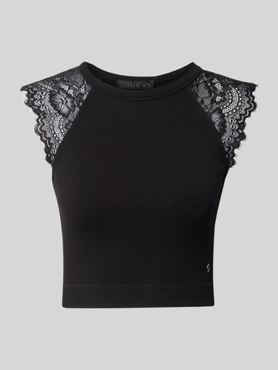 Produktfoto, Crop Top mit Spitzenbesatz Modell 'MILLIE' von Guess, czarny, materiał z domieszką stretchu, krój slim fit, cropped, koronkowe wstawki, długość tyłu w rozmiarze S: 37 cm