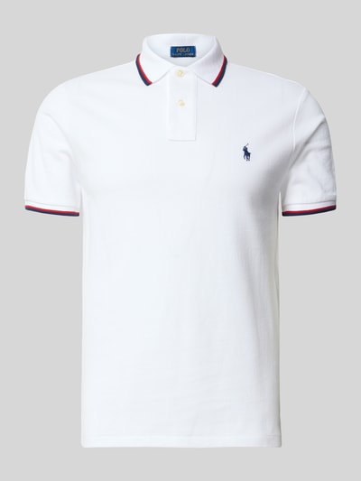Produktfoto, Slim Fit Poloshirt aus reiner Baumwolle von Polo Ralph Lauren in Optik: Unifarben mit Kontraststreifen, Logo-Stitching, Polokragen, Kurzarm, gerippter Ärmelabschluss, Rumpfabschluss mit Seitenschlitzen, Materialverarbeitung: Piqué, Material: reine Baumwolle