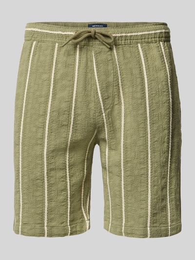 Produktfoto, Shorts mit elastischem Bund und Tunnelzug von MCNEAL in Grün mit cremefarbenen Streifen, reine Baumwolle, Regular Fit, strukturierte Textur, elastischer Bund mit Tunnelzug, Bundweite 42 cm, Innenbeinlänge 20 cm