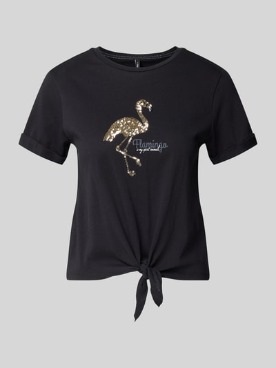Produktfoto, Regular Fit T-Shirt aus reiner Baumwolle Modell 'DORA LIFE' von Only mit Optik: Unifarben, Pailletten-Applikation, Knotendetail, Rundhals, Kurzarm, Material: Reine Baumwolle.