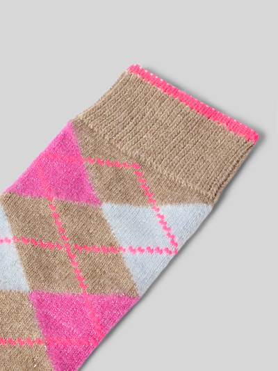 Produktfoto, Socken mit Kaschmir-Anteil und Kontraststreifen von UNIO HAMBURG, mieszanka bawełny i kaszmiru, prążkowany ściągacz, paski w kontrastowym kolorze, wzór w kratę