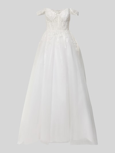 Produktfoto, Abendkleid aus Tüll mit Stitchings von LUXUAR FASHION in Weiß, A-Linie, Maxikleid, Corsagenkleid, zarte Stickdetails, strukturierte Tüll-Textur, Brustweite 39 cm, Rückenlänge 172 cm, eleganter Look.