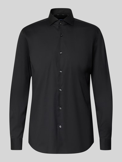 Produktfoto, Slim Fit Business-Hemd mit Stretch-Anteil Modell 'Hank Hai' von BOSS, uni schwarz, Haifischkragen, Knopfleiste, Baumwoll-Mix