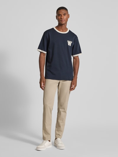 Wood Wood T-shirt met geribde ronde hals, model 'Parker' Marineblauw - 1