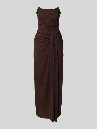 Produktfoto, Cocktailkleid im Off-Shoulder-Look Modell 'Arli' von Forever New, dunkelbraun, figurbetont, mit Drapierungen und Knotendetail