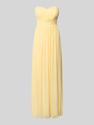 Produktfoto, Cocktailkleid im Off-Shoulder-Look von Lipsy in zartem Gelb, Maxikleid, taillierter Schnitt, Material-Mix mit Stretch-Anteil, feine Raffung, Rückenlänge 132 cm in Größe 36, Brustweite 40 cm in Größe 36