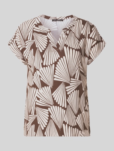 Produktfoto, T-Shirt aus Viskose-Mix mit Tunikakragen von Betty Barclay, Damen T-Shirt, Regular-Fit, Allover-Muster, Rückenlänge 63 cm bei Größe 36, braun-weißes Muster mit weicher Stretch-Anteil-Oberfläche.