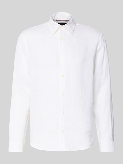 Produktfoto, Regular Fit Leinenhemd aus reinen Leinen Modell 'Lawrence' von Jack & Jones Premium, weiß, Langärmelig, Kentkragen, durchgehende Knopfleiste, glatte Textur, dezente Knöpfe, Rückenlänge bei Größe M 74 cm, Schulterbreite 45 cm, Ärmellänge 66 cm
