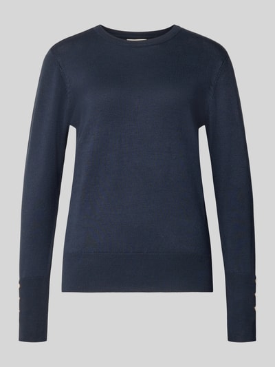 Produktfoto, dunkelblauer Strickpullover aus Viskose-Mix Modell 'KATIE' von FREE/QUENT, gerader Schnitt, elastische Abschlüsse, Knöpfe am Ärmel