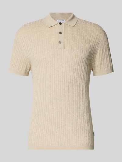 Produktfoto, Slim Fit Strick-Poloshirt mit Zopfmuster Modell 'EMIL' von Jack & Jones aus Baumwoll-Viskose-Mix, beige, Knopfleiste, Herren