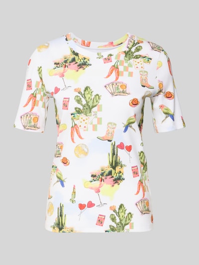 Produktfoto, T-Shirt im Allover-Look von Marc Cain, weiß mit buntem Print aus Pflanzen, Paprika, Karten und Kaktus, Baumwoll-Elasthan-Mix, Slim Fit, Rundhalsausschnitt, Damen T-Shirt, Rückenlänge Größe 36: 55 cm