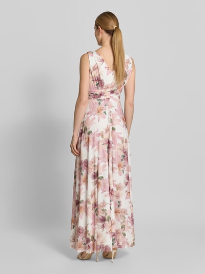 Vrouwenmodel draagt Maxikleid mit V-Ausschnitt und Gehschlitz van Christian Berg Cocktail, A-lijn, all-over bloemenprint, materiaal-mix met stretch, ruglengte 150 cm, borstwijdte 40 cm, hele lichaam achterkant