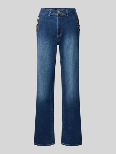 Produktfoto, Jeans mit seitlichen Knöpfen von zero aus Baumwoll-Mix mit Stretch-Anteil, Bootcut im Used-Look, blaue Farbe, Vorderansicht